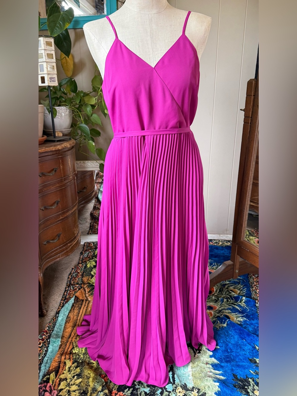 LOFT Fuchsia Pink Pleated Maxi Dress V Neck Strappy Solid Long Tie Party, 12